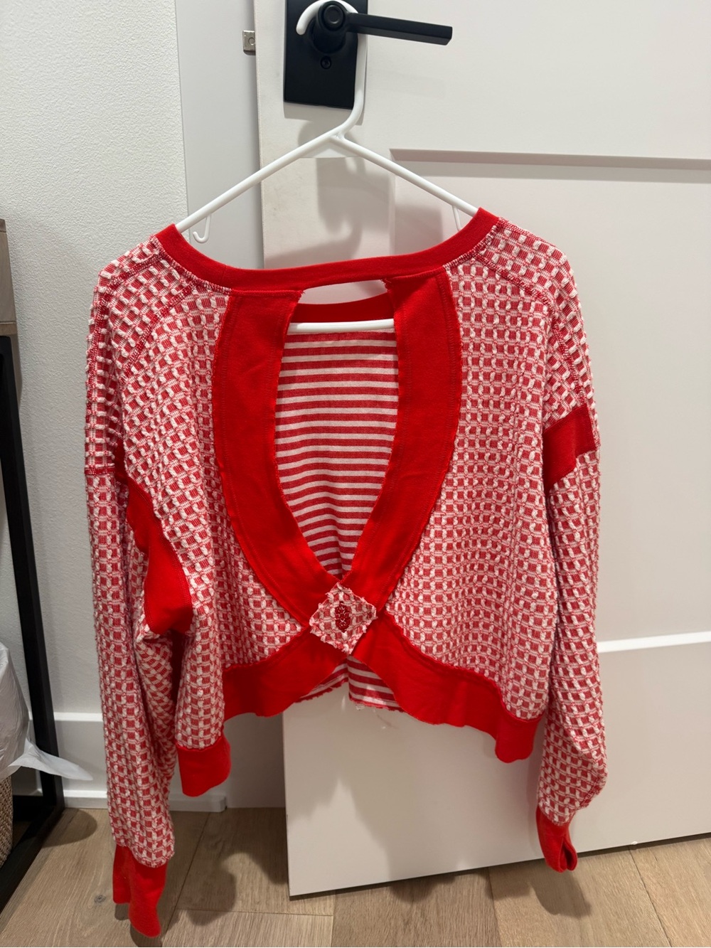 FP Movement by Free People Red and White Open-Back Knit Cardigan